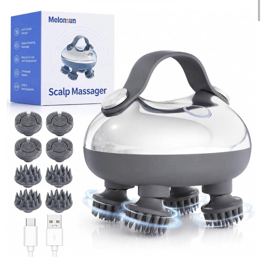 Melonsun Electric Scalp Massager Cordless IPX7 USB Rechargeable 4-Head 5V